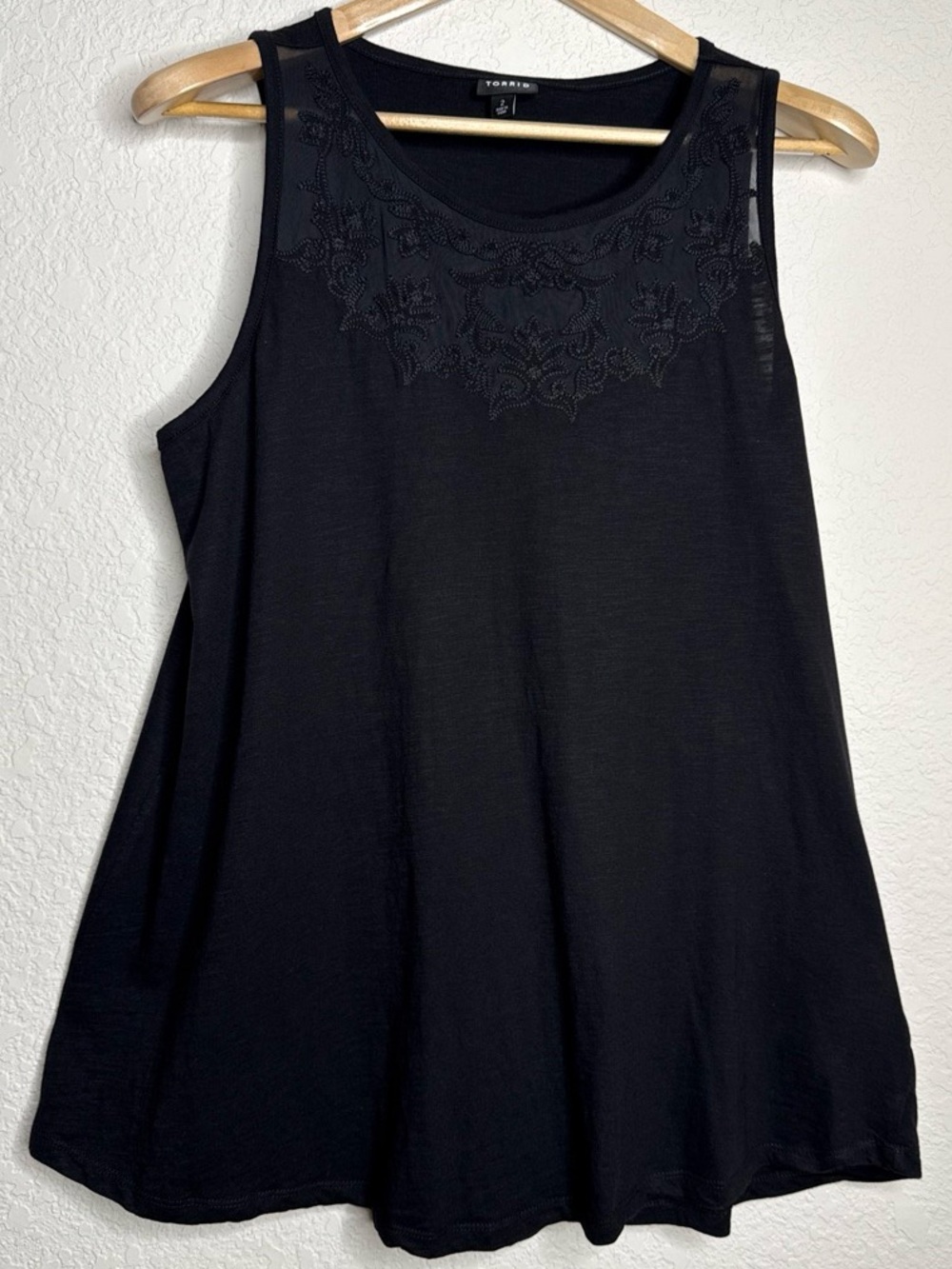 Torrid Black Embroidered Mesh Yoke Swing Tank Top Size 2X Cotton Modal Romantic
